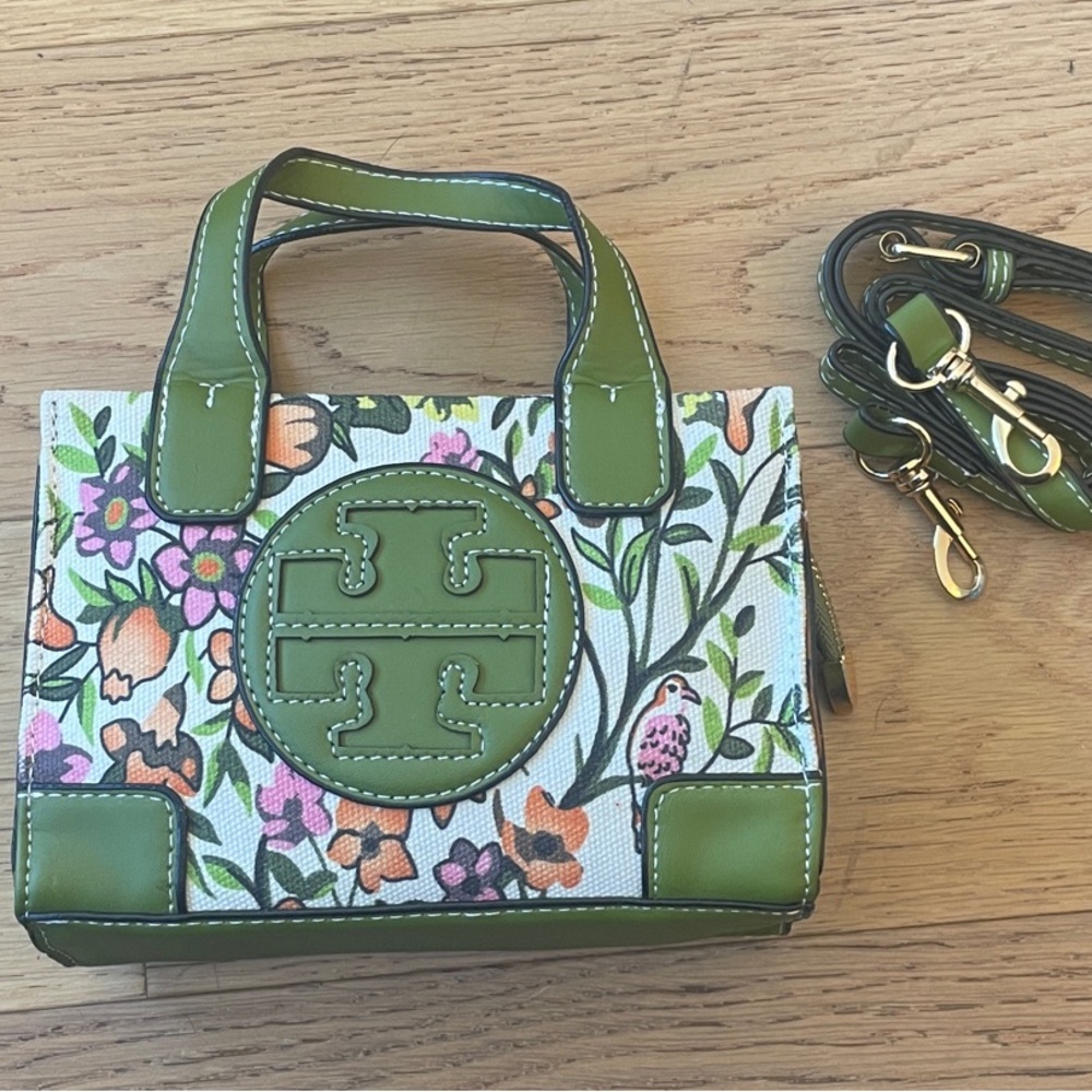 TORY BURCH Green Floral Mini Tote Bag with Logo Patch